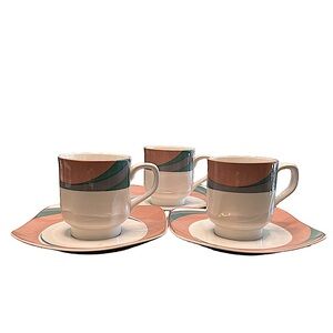 VTG 80s Sango Quadrille PINWHEEL PINK Wave  Semi Porcelain Footed Cups & saucers